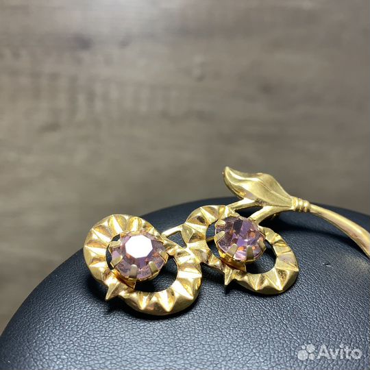 Винтажная Брошь Цветок Розовые Камни Стёкла Ретро