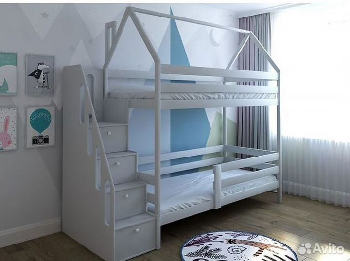Двухъярусная детская кровать домик с лестницей