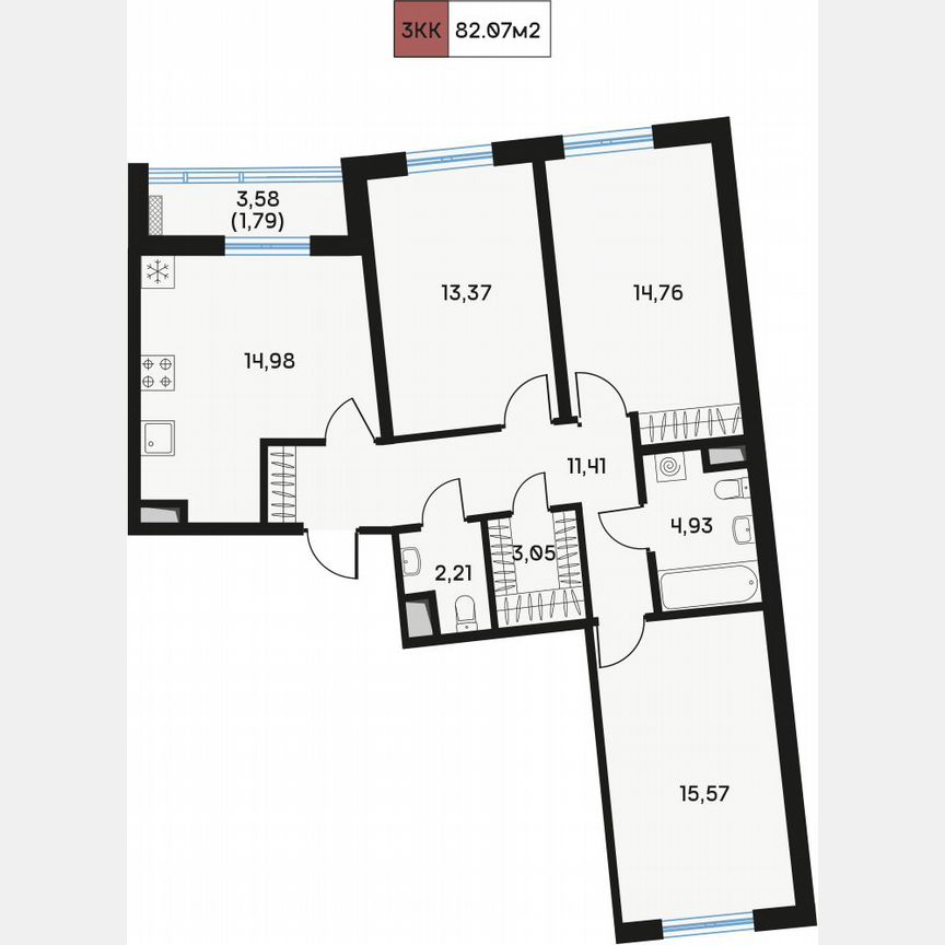 3-к. квартира, 82,7 м², 8/9 эт.