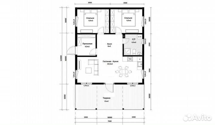 Каркасный дом с террасой 60 м2