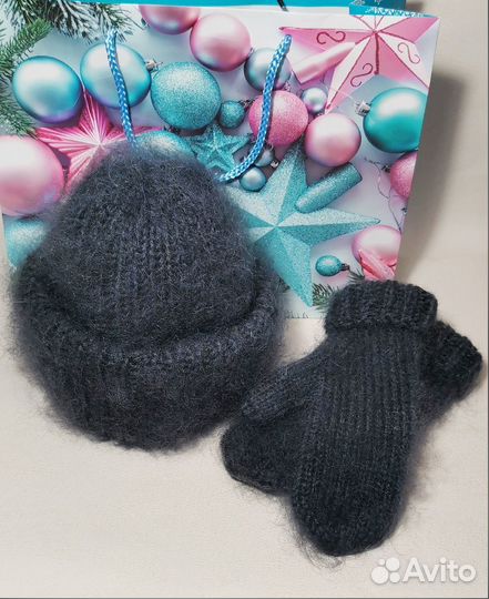 Шапка такори+варежки мохер