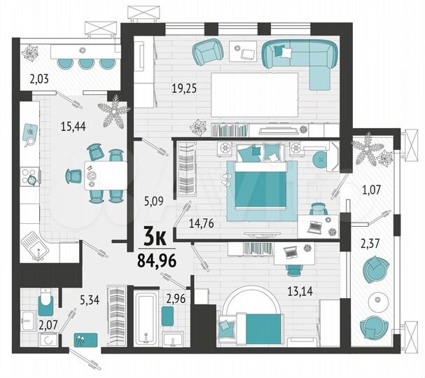 3-к. квартира, 85 м², 7/21 эт.