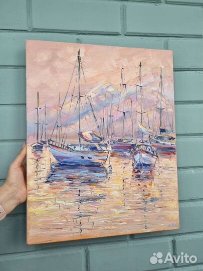 Картина маслом лодки закат горы море