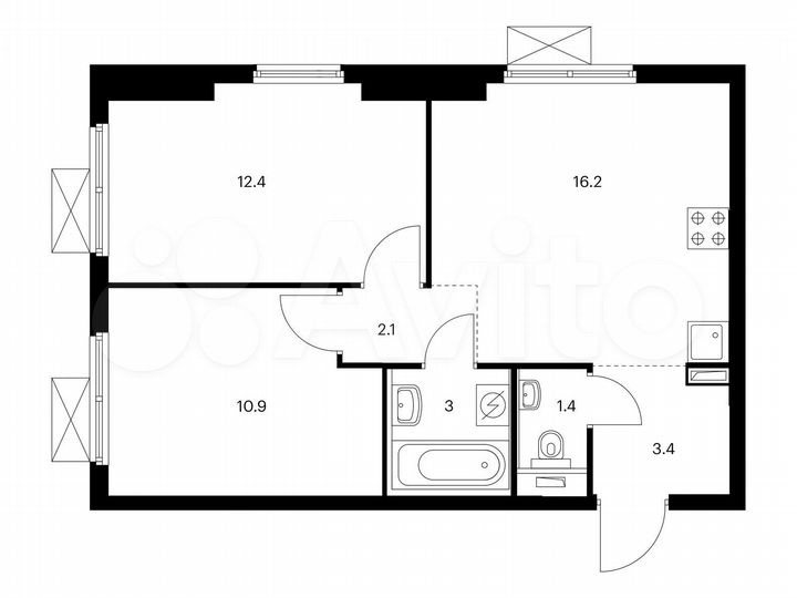 2-к. квартира, 49,4 м², 13/25 эт.