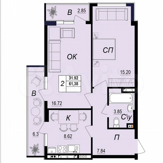 2-к. квартира, 61,4 м², 5/10 эт.