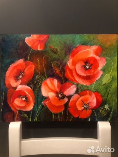 Картина маслом, красные маки, мдф 30х40