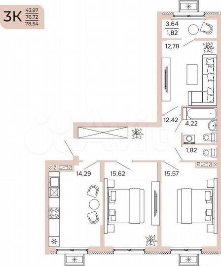 3-к. квартира, 78,5 м², 13/17 эт.