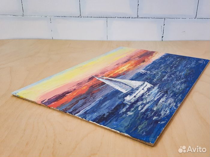 Картина яхта парусник Этюд закат Морской пейзаж