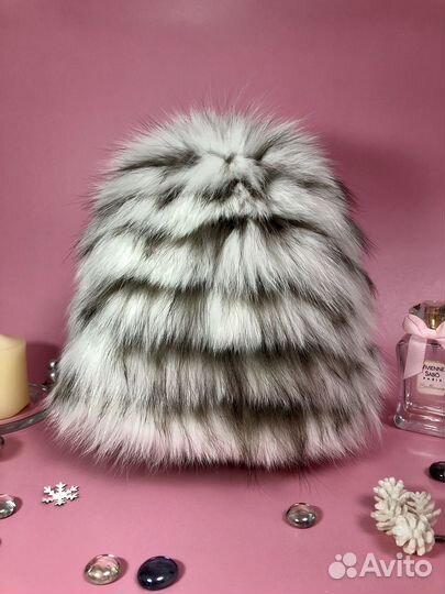 Новая Зимняя шапка женская вязаная мех Песец Лиса