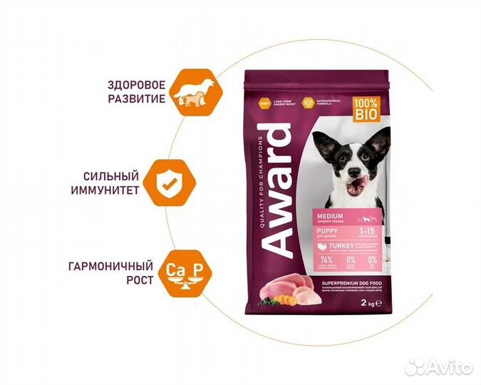 Корм Award для щенков средних пород, индейка, 12кг