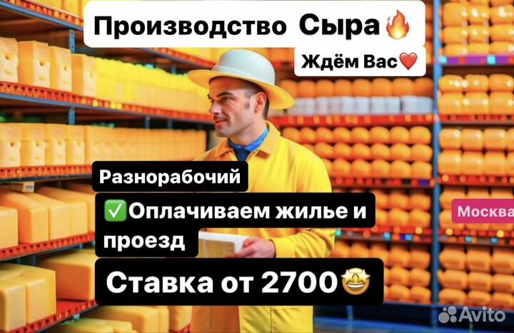 Работа в Москве. Разнорабочий (сыр,творог)