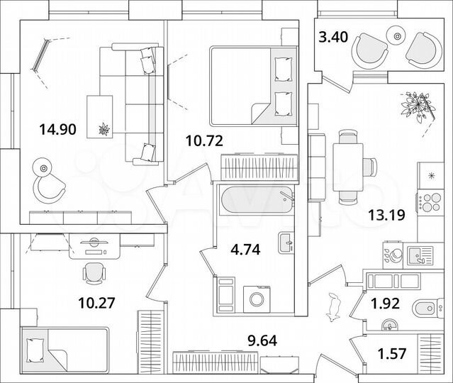 3-к. квартира, 68,4 м², 12/22 эт.