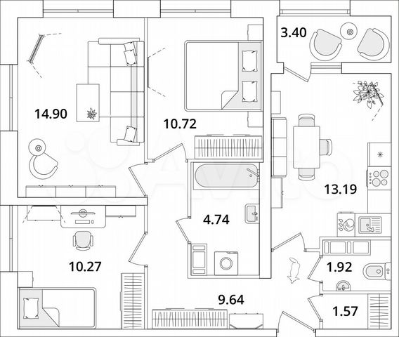 3-к. квартира, 68,4 м², 12/22 эт.