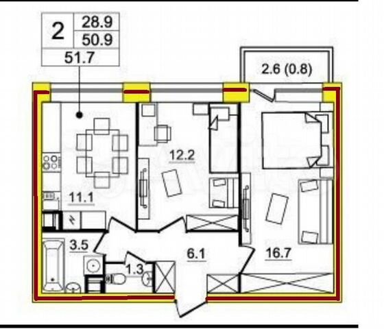 2-к. квартира, 51 м², 2/4 эт.