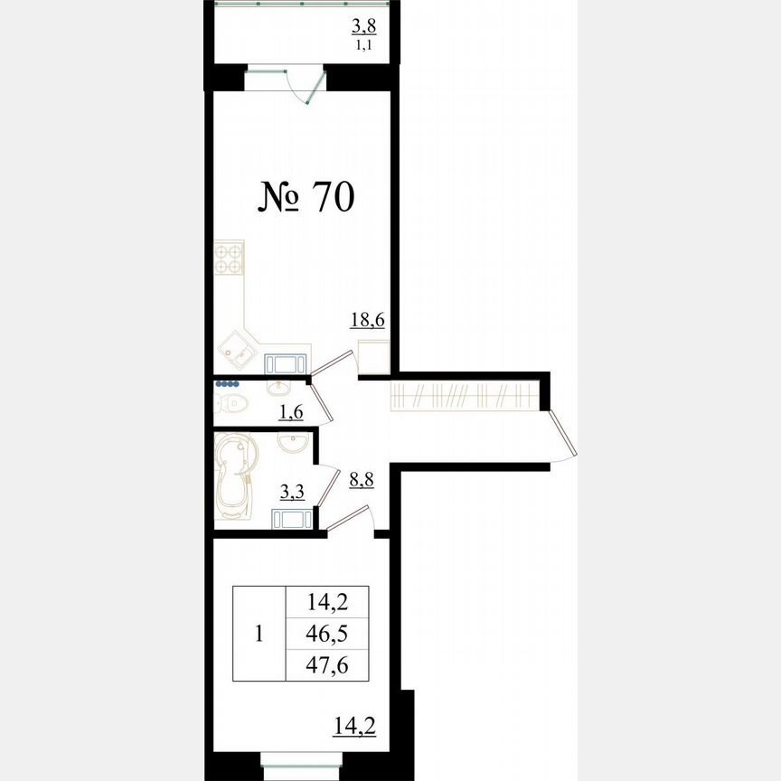 1-к. квартира, 47,6 м², 8/8 эт.