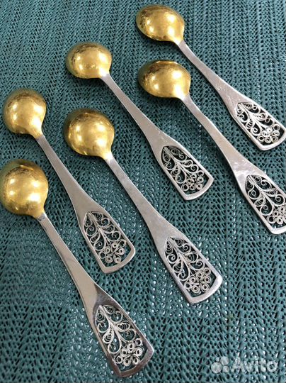 Редкий набор чайных ложек СССР скань. позолота