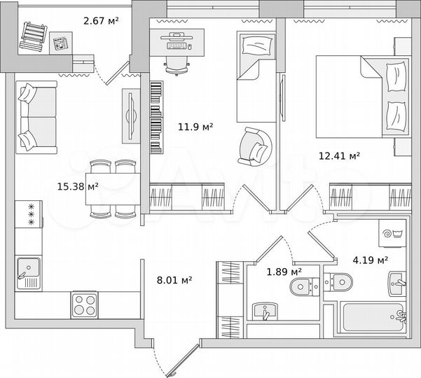 2-к. квартира, 53,3 м², 16/21 эт.