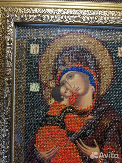 Икона Владимирской Божьей Матери, расшитая бисером