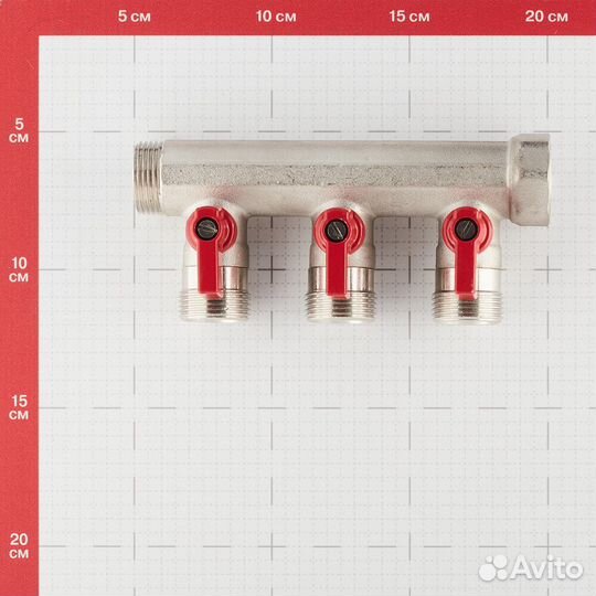 Коллектор Henco 3/4 вр(г) х 3 выхода 3/4 нр(ш) ек х 3/4 нр(ш) с шаровыми кранами (VB050503-rood)