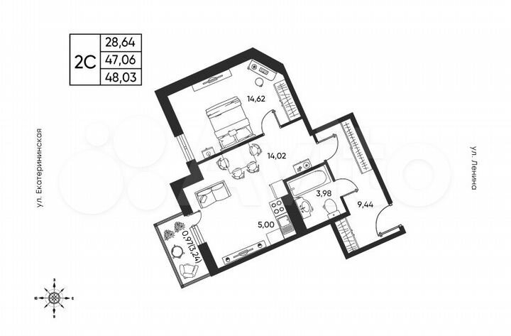 2-к. квартира, 48 м², 5/6 эт.