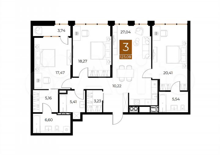 3-к. квартира, 123,1 м², 6/8 эт.