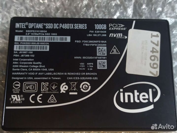 Ssd intel optane P4801x 100gb Новый