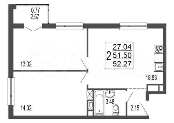 2-к. квартира, 51,5 м², 3/17 эт.
