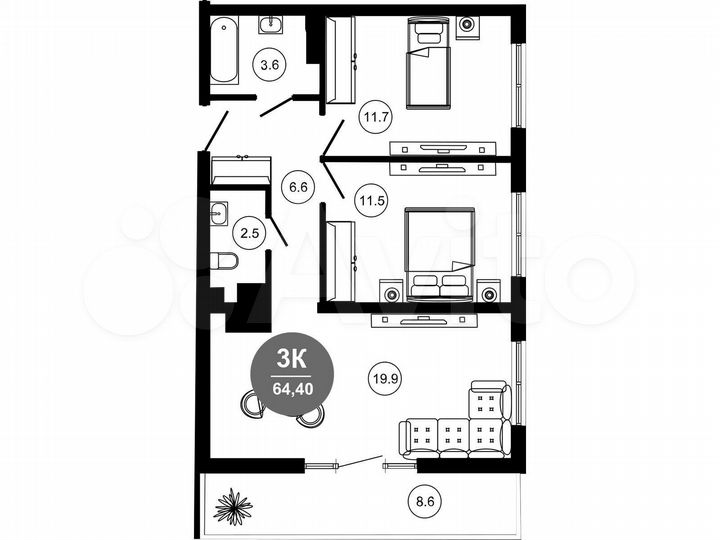 3-к. апартаменты, 58,8 м², 2/10 эт.