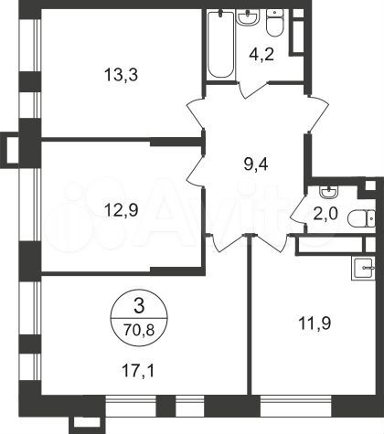 3-к. квартира, 70,8 м², 16/21 эт.