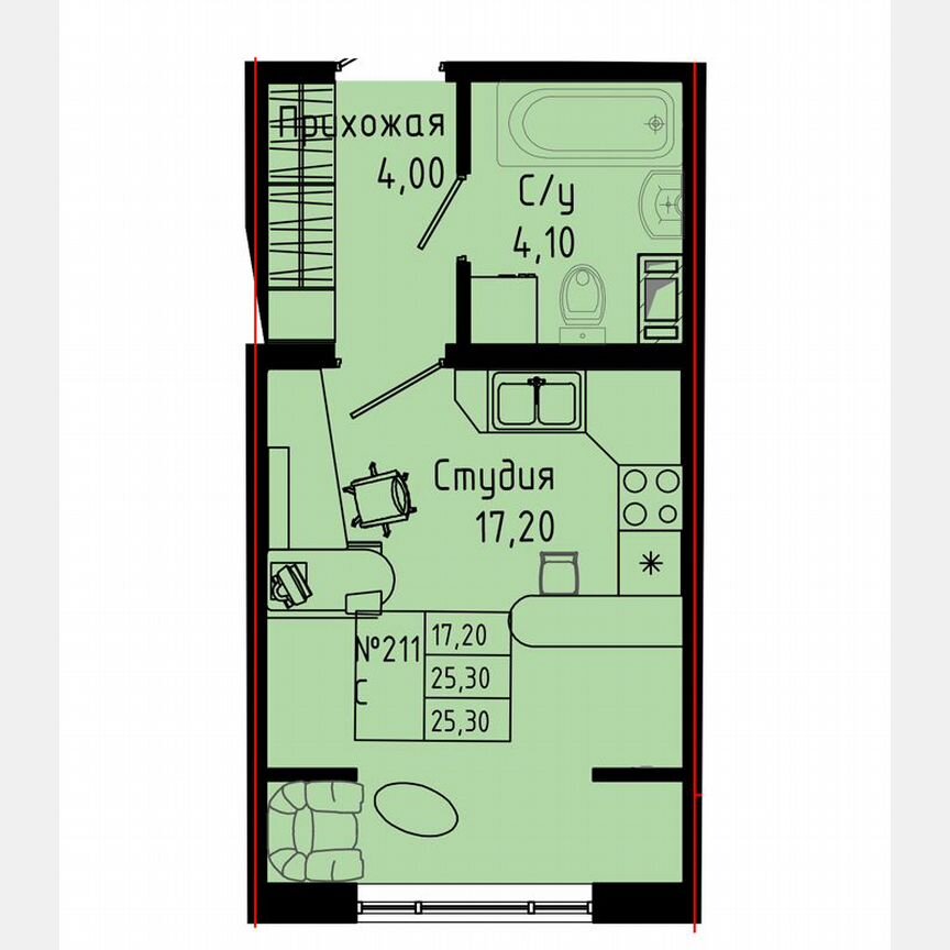 Квартира-студия, 25,3 м², 6/8 эт.
