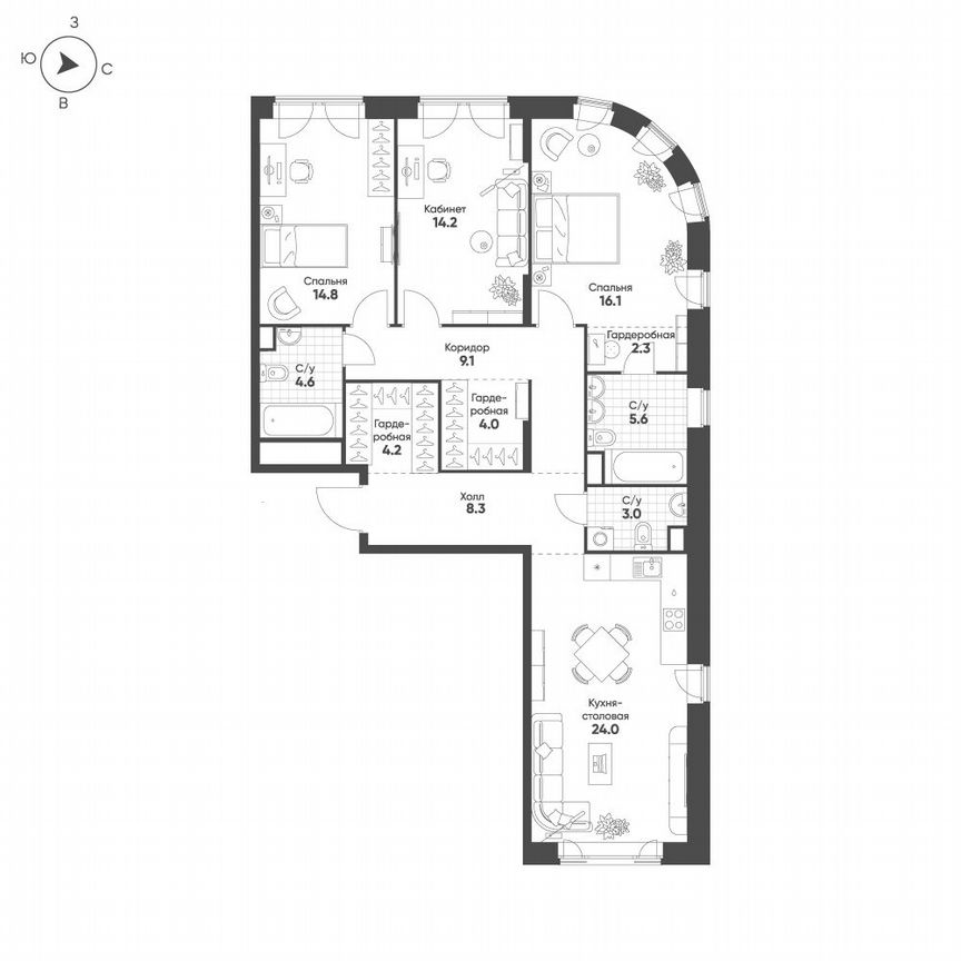 3-к. квартира, 110,2 м², 9/16 эт.
