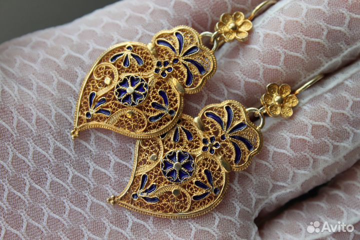 Антикварные позолоченные серьги.Серебро 835.Скань