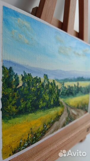Картина пейзаж поле 21х15 маслом летний пейзаж