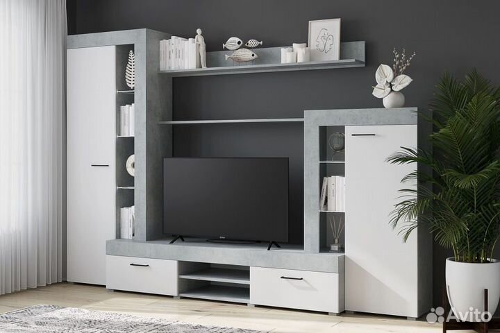 Стенка горка гостиная Дельта Бетон/Белый