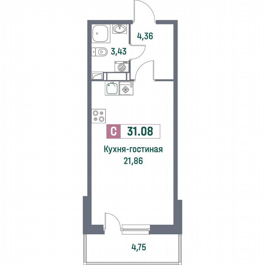 Квартира-студия, 31,1 м², 14/16 эт.