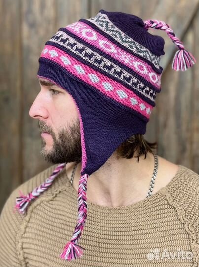 Мужская шапка двусторонняя с ушками зимняя Чульо 100% альпака цвет фуксия-росадо