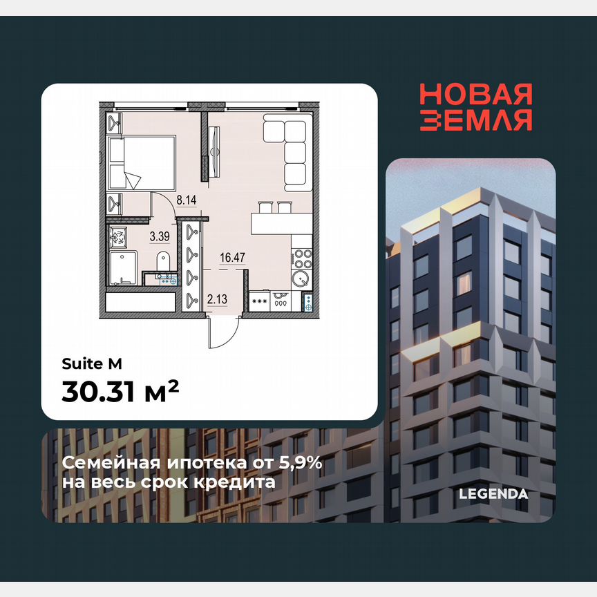 1-к. квартира, 30,3 м², 8/17 эт.