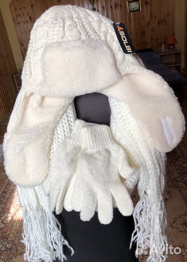 Шапка ушанка на меху, перчатки, шарф, шерсть, новы