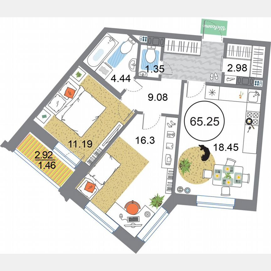 2-к. квартира, 65,3 м², 7/12 эт.