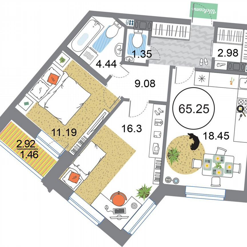 2-к. квартира, 65,3 м², 7/12 эт.