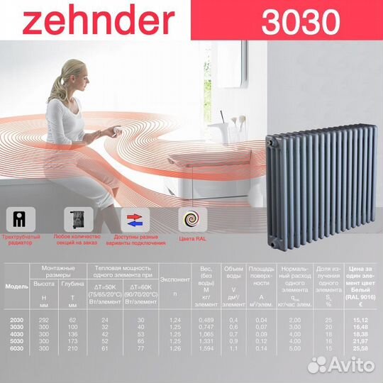 Стальной трубчатый радиатор отопления Zehnder 3030