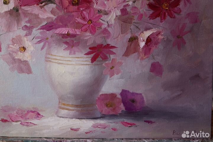 Картина маслом Цветы Фиалки и Космея 35х40см