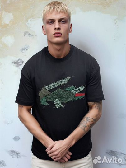 Мужская черная футболка Lacoste вышивка хлопок