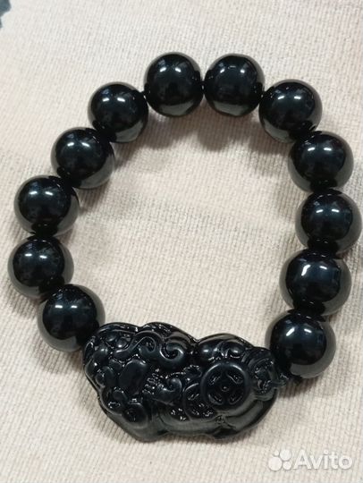 Браслет с драконом из натурального обсидиана