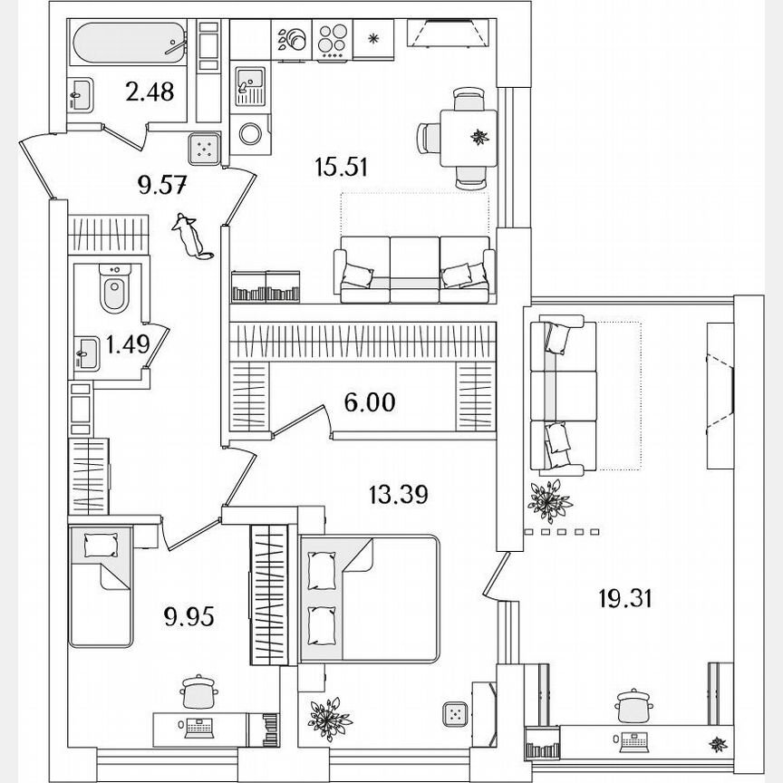 2-к. квартира, 64,2 м², 8/23 эт.