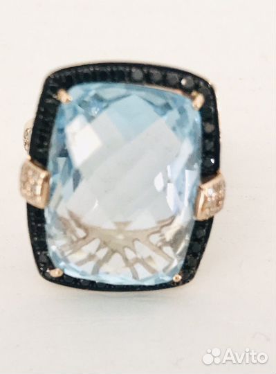 Золотое кольцо топаз 2 см чер,бел.брилл