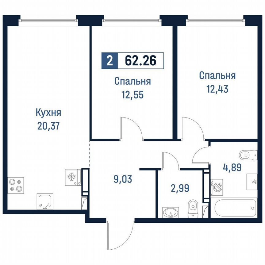 2-к. квартира, 62,3 м², 17/18 эт.