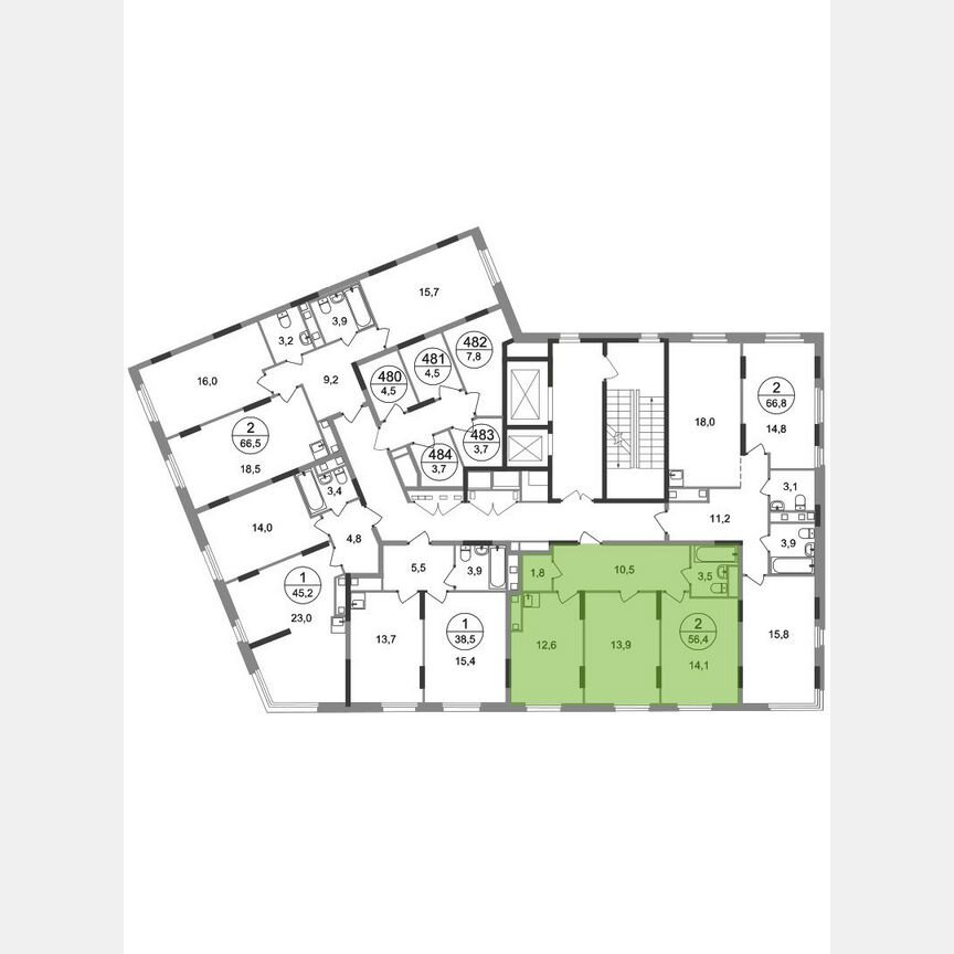 2-к. квартира, 56,4 м², 15/17 эт.