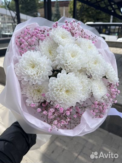 Букет -комплимент из хризантемы и гипсофилы