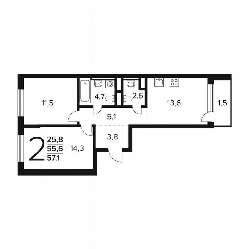 2-к. квартира, 57,1 м², 8/9 эт.